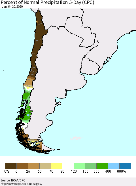 Chile Percent of Normal Precipitation 5-Day (CPC) Thematic Map For 6/6/2020 - 6/10/2020