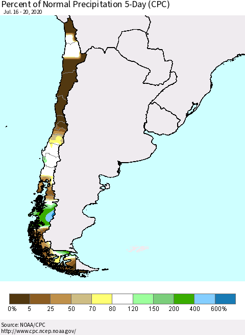 Chile Percent of Normal Precipitation 5-Day (CPC) Thematic Map For 7/16/2020 - 7/20/2020