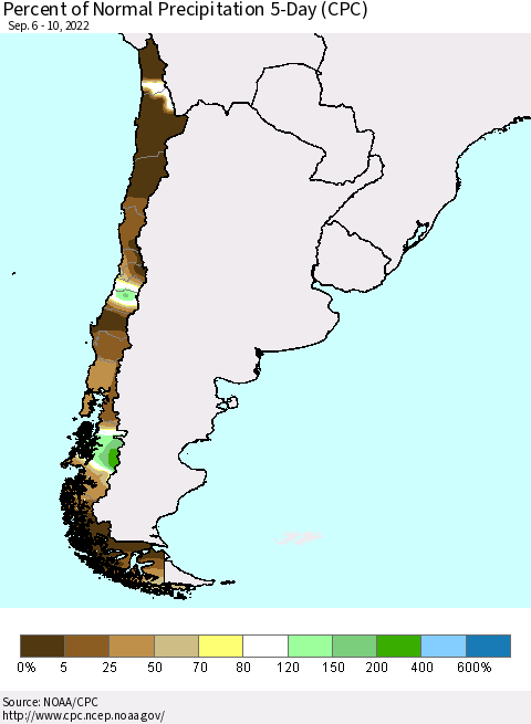 Chile Percent of Normal Precipitation 5-Day (CPC) Thematic Map For 9/6/2022 - 9/10/2022