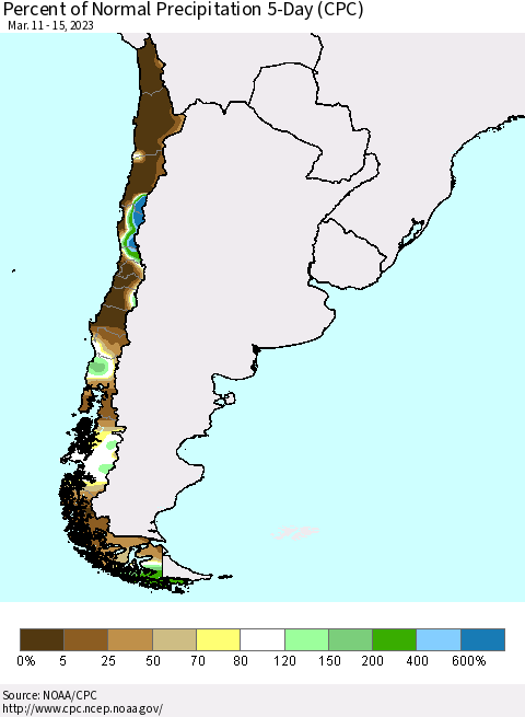 Chile Percent of Normal Precipitation 5-Day (CPC) Thematic Map For 3/11/2023 - 3/15/2023