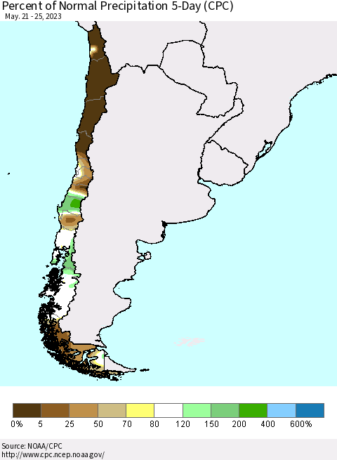 Chile Percent of Normal Precipitation 5-Day (CPC) Thematic Map For 5/21/2023 - 5/25/2023
