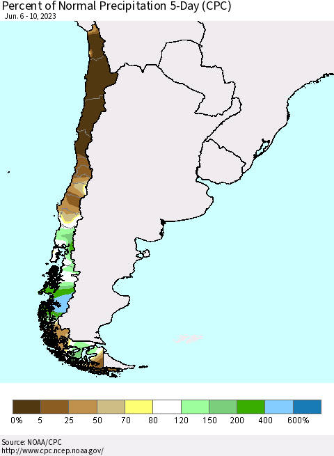 Chile Percent of Normal Precipitation 5-Day (CPC) Thematic Map For 6/6/2023 - 6/10/2023