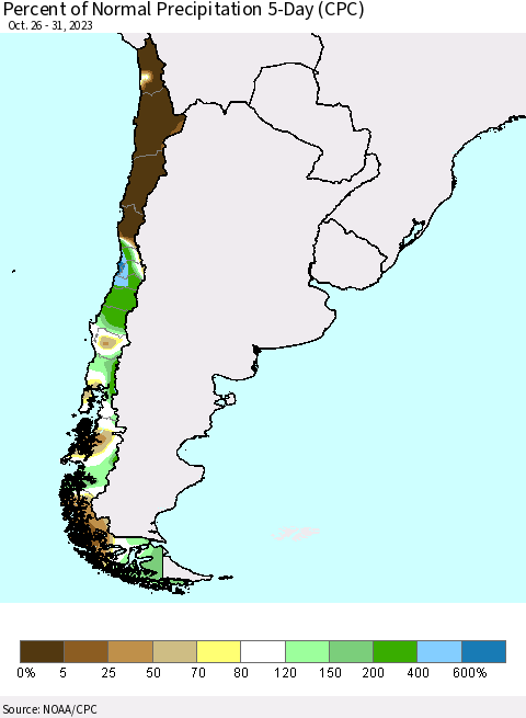Chile Percent of Normal Precipitation 5-Day (CPC) Thematic Map For 10/26/2023 - 10/31/2023
