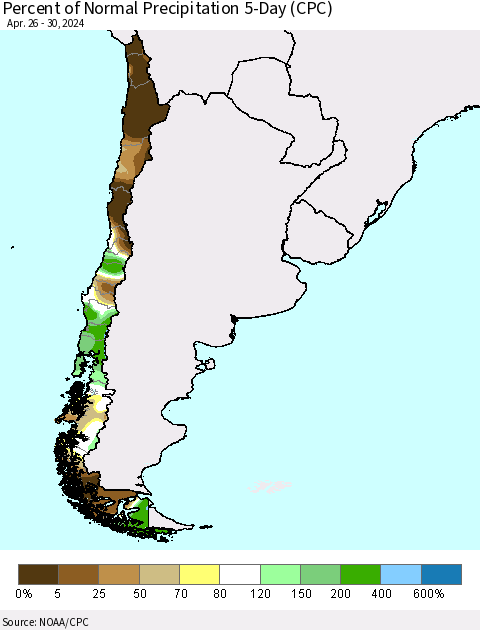 Chile Percent of Normal Precipitation 5-Day (CPC) Thematic Map For 4/26/2024 - 4/30/2024