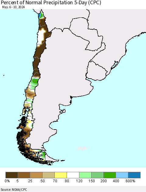 Chile Percent of Normal Precipitation 5-Day (CPC) Thematic Map For 5/6/2024 - 5/10/2024