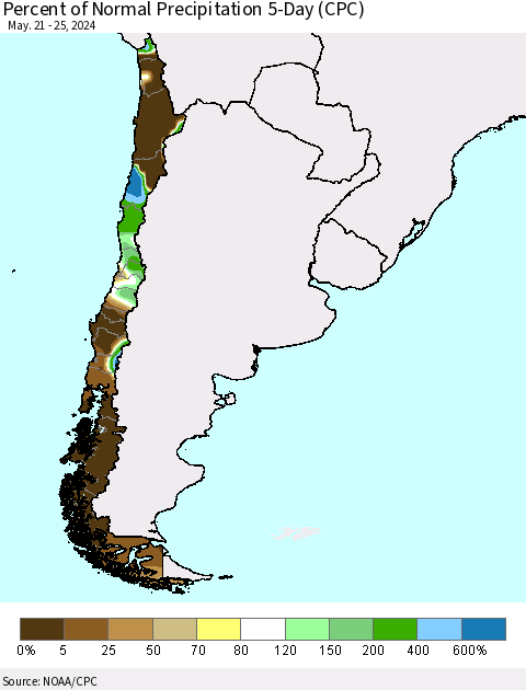 Chile Percent of Normal Precipitation 5-Day (CPC) Thematic Map For 5/21/2024 - 5/25/2024