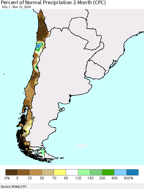 Chile Percent of Normal Precipitation 2-Month (CPC) Thematic Map For 2/1/2024 - 3/31/2024