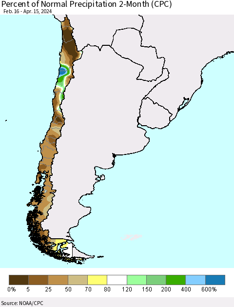 Chile Percent of Normal Precipitation 2-Month (CPC) Thematic Map For 2/16/2024 - 4/15/2024
