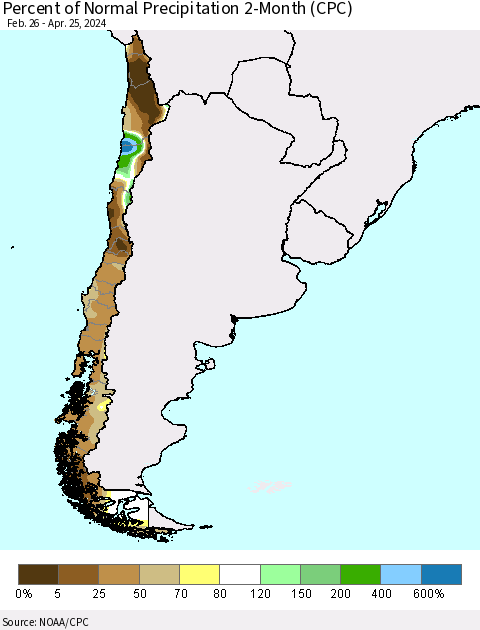 Chile Percent of Normal Precipitation 2-Month (CPC) Thematic Map For 2/26/2024 - 4/25/2024