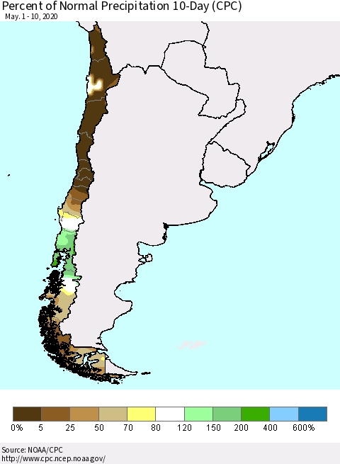 Chile Percent of Normal Precipitation 10-Day (CPC) Thematic Map For 5/1/2020 - 5/10/2020
