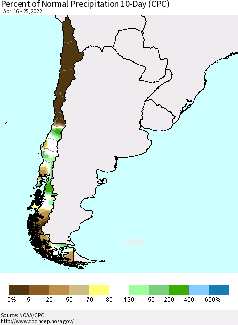Chile Percent of Normal Precipitation 10-Day (CPC) Thematic Map For 4/16/2022 - 4/25/2022