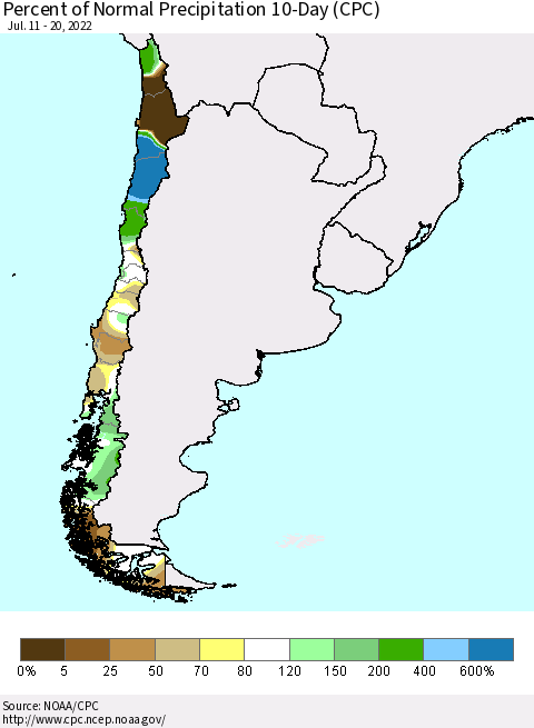 Chile Percent of Normal Precipitation 10-Day (CPC) Thematic Map For 7/11/2022 - 7/20/2022