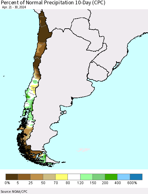 Chile Percent of Normal Precipitation 10-Day (CPC) Thematic Map For 4/21/2024 - 4/30/2024
