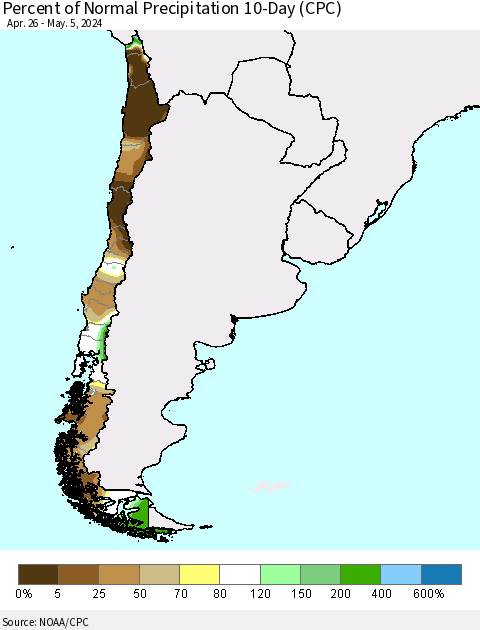 Chile Percent of Normal Precipitation 10-Day (CPC) Thematic Map For 4/26/2024 - 5/5/2024