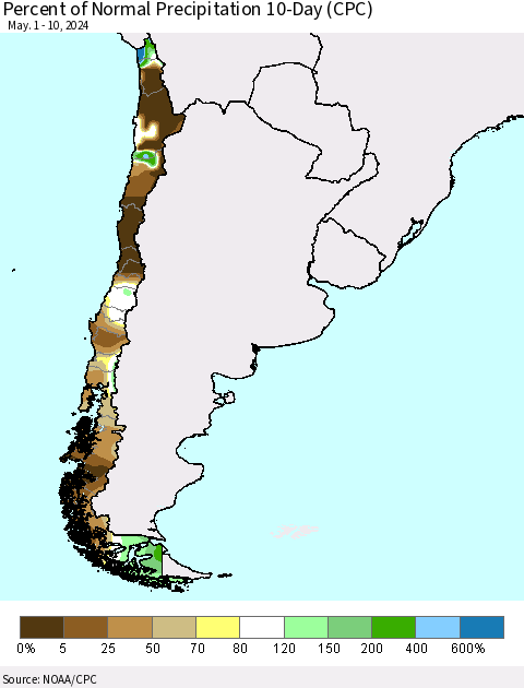 Chile Percent of Normal Precipitation 10-Day (CPC) Thematic Map For 5/1/2024 - 5/10/2024