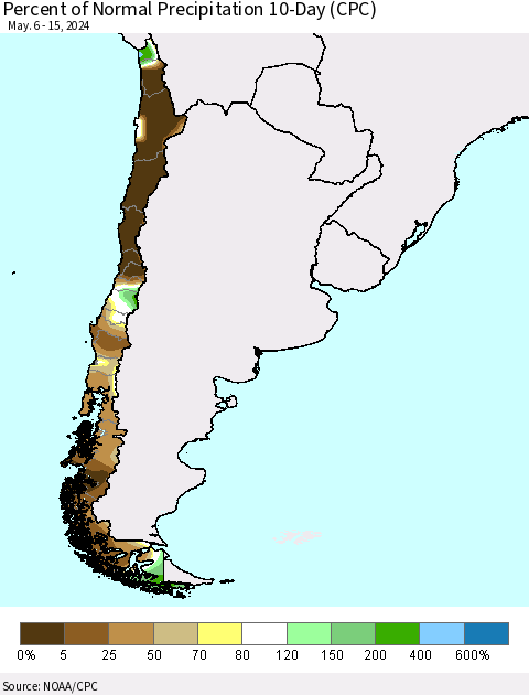Chile Percent of Normal Precipitation 10-Day (CPC) Thematic Map For 5/6/2024 - 5/15/2024
