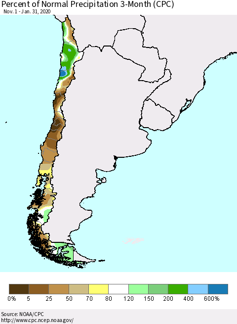 Chile Percent of Normal Precipitation 3-Month (CPC) Thematic Map For 11/1/2019 - 1/31/2020