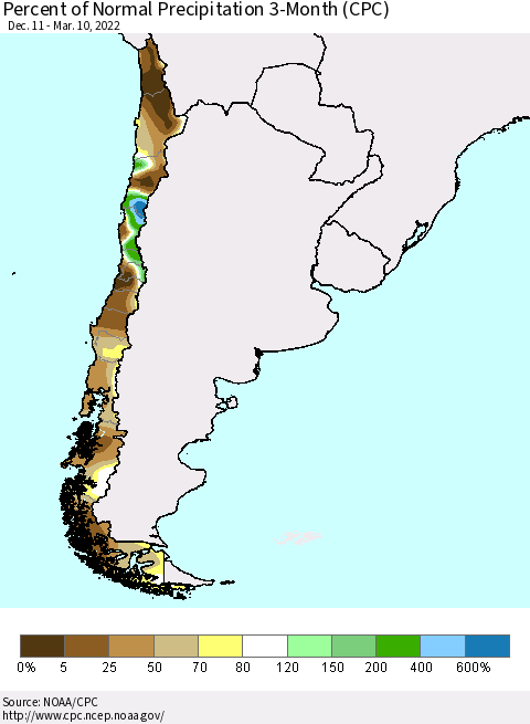 Chile Percent of Normal Precipitation 3-Month (CPC) Thematic Map For 12/11/2021 - 3/10/2022