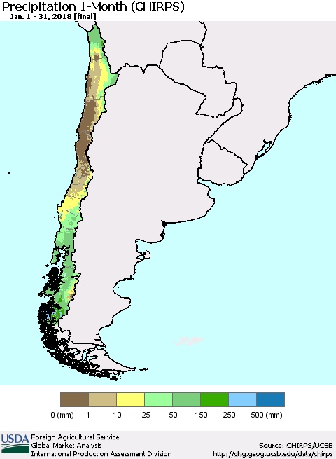 Chile Precipitation 1-Month (CHIRPS) Thematic Map For 1/1/2018 - 1/31/2018