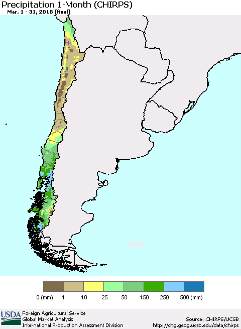Chile Precipitation 1-Month (CHIRPS) Thematic Map For 3/1/2018 - 3/31/2018