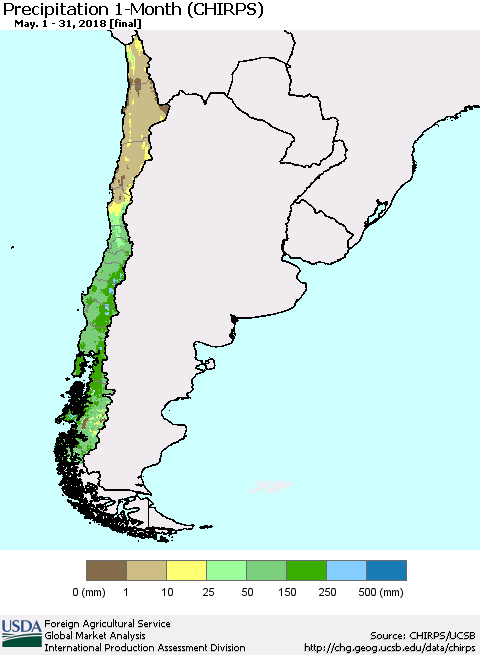 Chile Precipitation 1-Month (CHIRPS) Thematic Map For 5/1/2018 - 5/31/2018