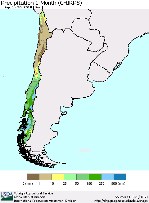 Chile Precipitation 1-Month (CHIRPS) Thematic Map For 9/1/2018 - 9/30/2018