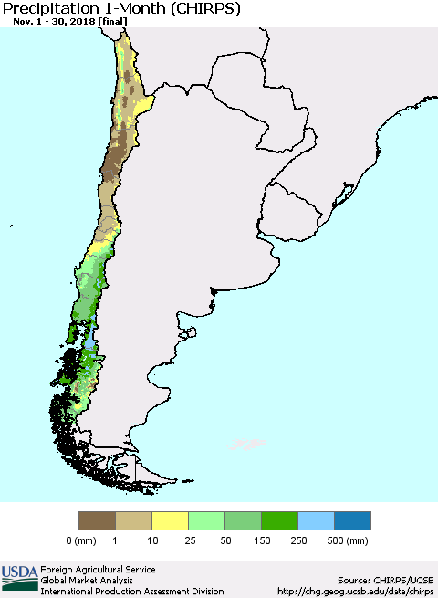 Chile Precipitation 1-Month (CHIRPS) Thematic Map For 11/1/2018 - 11/30/2018