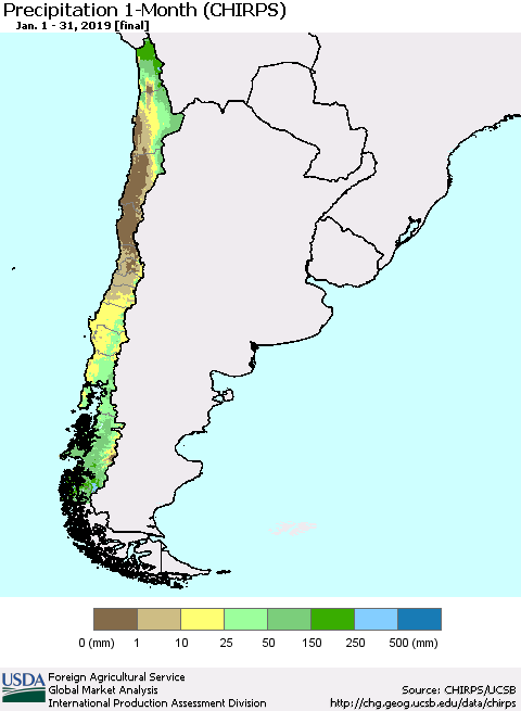 Chile Precipitation 1-Month (CHIRPS) Thematic Map For 1/1/2019 - 1/31/2019