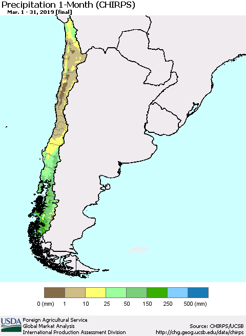 Chile Precipitation 1-Month (CHIRPS) Thematic Map For 3/1/2019 - 3/31/2019