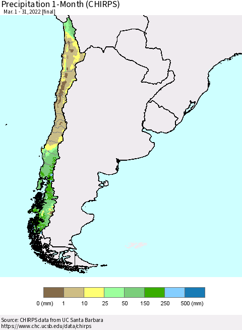 Chile Precipitation 1-Month (CHIRPS) Thematic Map For 3/1/2022 - 3/31/2022