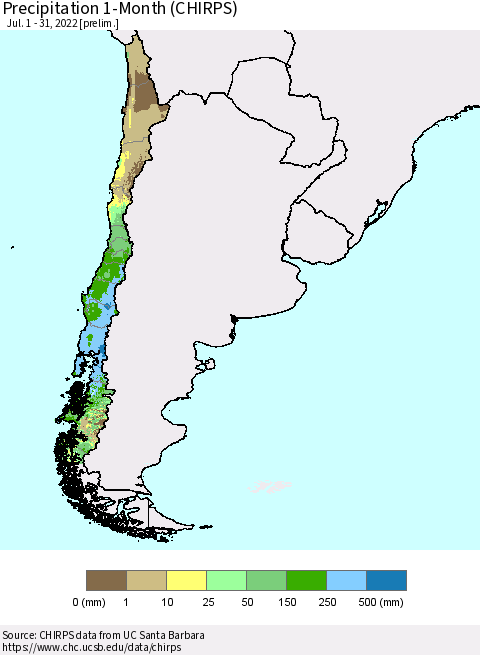 Chile Precipitation 1-Month (CHIRPS) Thematic Map For 7/1/2022 - 7/31/2022