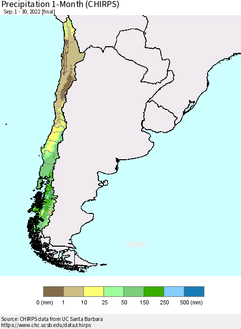 Chile Precipitation 1-Month (CHIRPS) Thematic Map For 9/1/2022 - 9/30/2022
