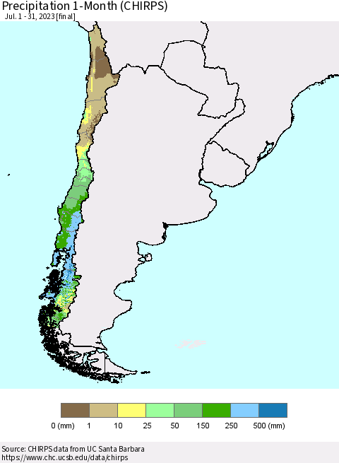 Chile Precipitation 1-Month (CHIRPS) Thematic Map For 7/1/2023 - 7/31/2023