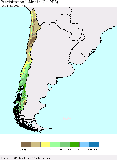 Chile Precipitation 1-Month (CHIRPS) Thematic Map For 10/1/2023 - 10/31/2023