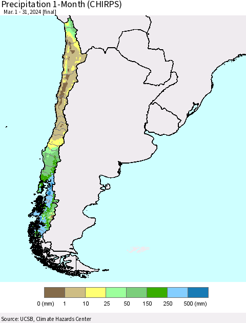 Chile Precipitation 1-Month (CHIRPS) Thematic Map For 3/1/2024 - 3/31/2024