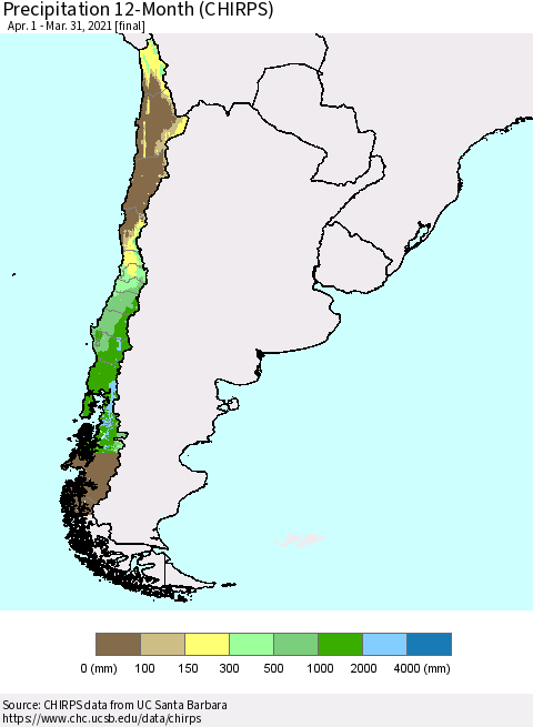 Chile Precipitation 12-Month (CHIRPS) Thematic Map For 4/1/2020 - 3/31/2021