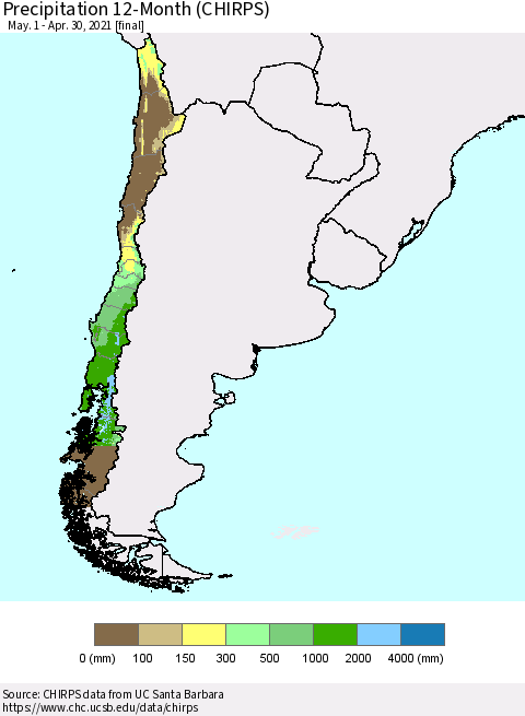 Chile Precipitation 12-Month (CHIRPS) Thematic Map For 5/1/2020 - 4/30/2021