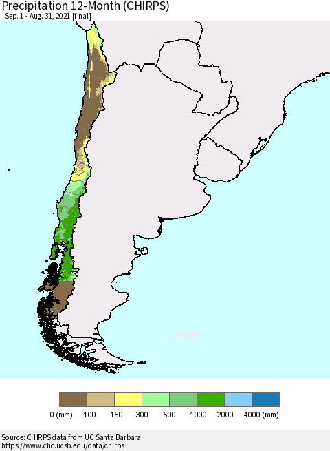 Chile Precipitation 12-Month (CHIRPS) Thematic Map For 9/1/2020 - 8/31/2021