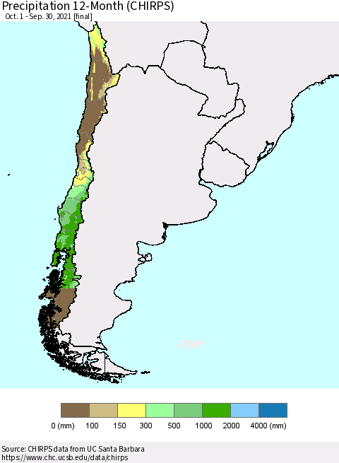 Chile Precipitation 12-Month (CHIRPS) Thematic Map For 10/1/2020 - 9/30/2021