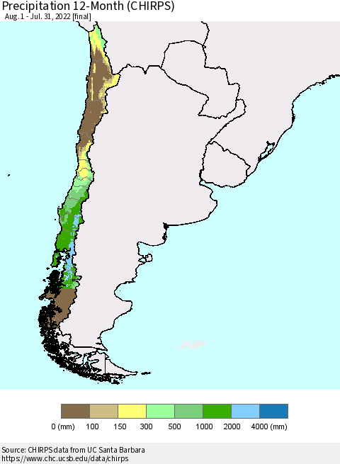 Chile Precipitation 12-Month (CHIRPS) Thematic Map For 8/1/2021 - 7/31/2022