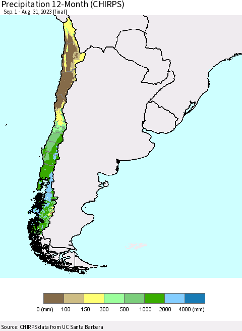 Chile Precipitation 12-Month (CHIRPS) Thematic Map For 9/1/2022 - 8/31/2023