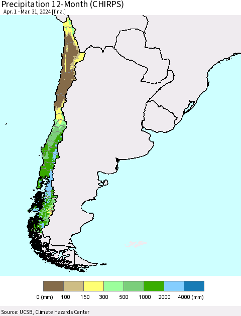 Chile Precipitation 12-Month (CHIRPS) Thematic Map For 4/1/2023 - 3/31/2024