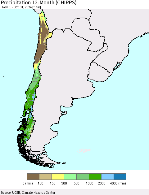 Chile Precipitation 12-Month (CHIRPS) Thematic Map For 11/1/2023 - 10/31/2024