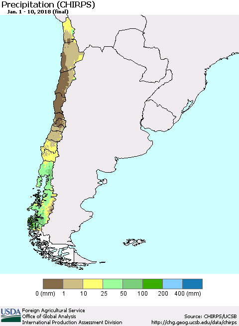 Chile Precipitation (CHIRPS) Thematic Map For 1/1/2018 - 1/10/2018