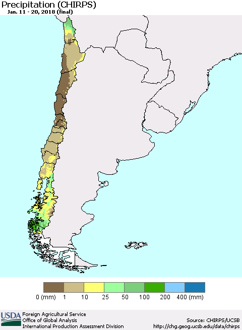 Chile Precipitation (CHIRPS) Thematic Map For 1/11/2018 - 1/20/2018