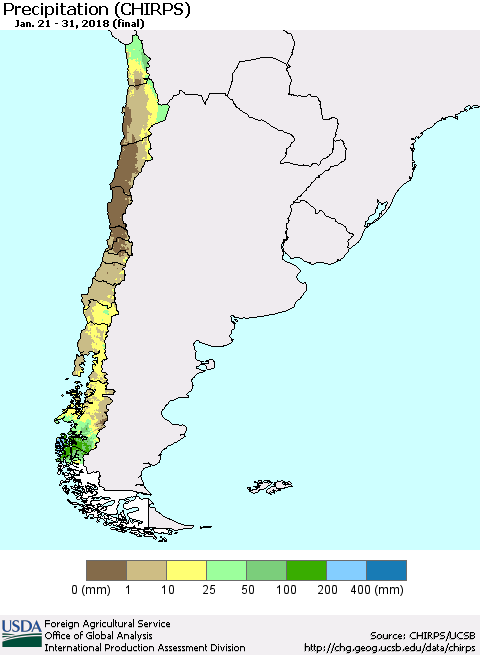 Chile Precipitation (CHIRPS) Thematic Map For 1/21/2018 - 1/31/2018