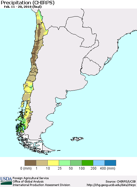 Chile Precipitation (CHIRPS) Thematic Map For 2/11/2018 - 2/20/2018