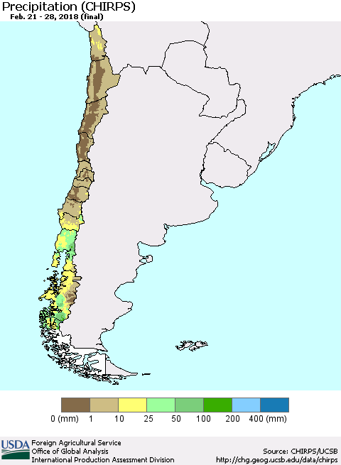Chile Precipitation (CHIRPS) Thematic Map For 2/21/2018 - 2/28/2018
