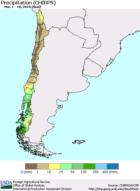 Chile Precipitation (CHIRPS) Thematic Map For 3/1/2018 - 3/10/2018