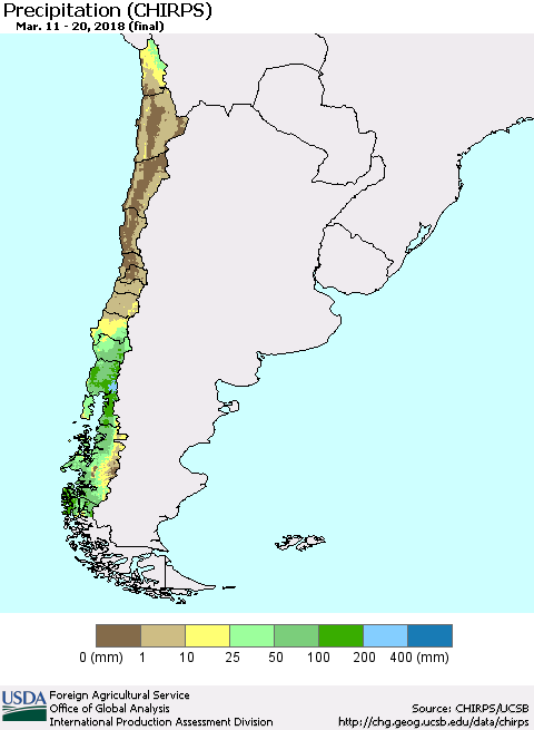 Chile Precipitation (CHIRPS) Thematic Map For 3/11/2018 - 3/20/2018